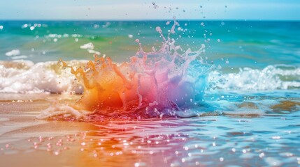 Wall Mural - colorful water jet on the seashore, with sand and waves in the background generative ai