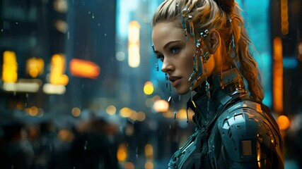 Poster - close up view of futuristic female robot looking at camera in neon light