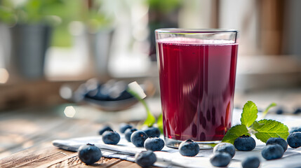 Wall Mural - A glass of purple juice is on a table with blueberries and mint leaves