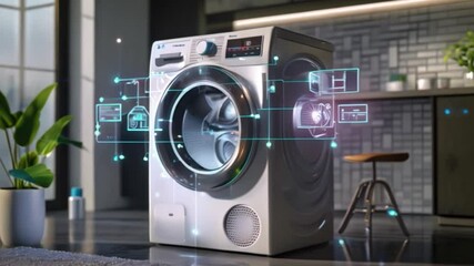Poster - In a chic kitchen setting, a futuristic laundry dryer with smart technology and sleek design features is shown with glowing blue lines and interface icons, embodying modern sophistication.
