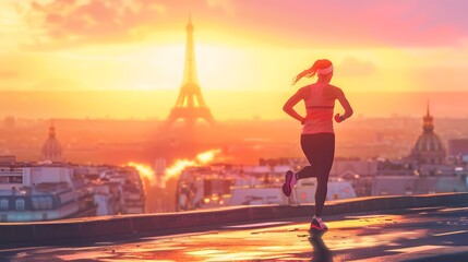 Female athlete running in Paris, Eiffel tower, women sports in France - summer olympic games 2024 imagined by AI generative - not the actual event