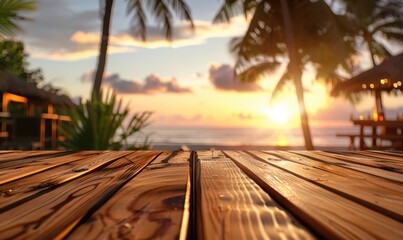 Wall Mural - A wooden table is on the beach with palm trees in the background. Free copy space for banner.