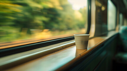 A white coffee cup sits on a table in front of a window