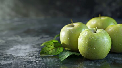 Wall Mural - Fresh green apples with vibrant leaves