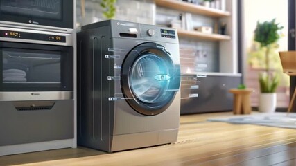Poster - A silver washing machine with a digital display is shown in a modern kitchen. The washer is the focus of the image. It is resting on a wood floor.
