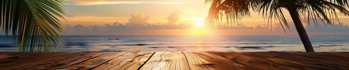 Wall Mural - A wooden table is on the beach with palm trees in the background. Free copy space for banner.