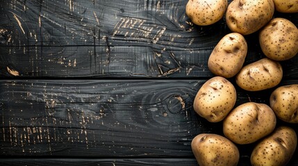 Sticker - Fresh organic potatoes on black wooden background top view with text space