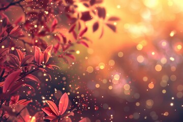 Poster - Red leaves are glowing in a magical forest, with the sun shining through branches and sparkling fairy lights creating a magical atmosphere