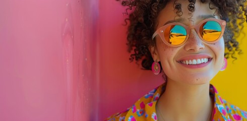 Canvas Print - Woman Smiling In Sunglasses Against Pink And Yellow Wall