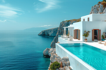 Wall Mural - Beautiful luxury white villa with swimming pool on the cliff, view of sea and greek island in sunny day, travel concept. real photo