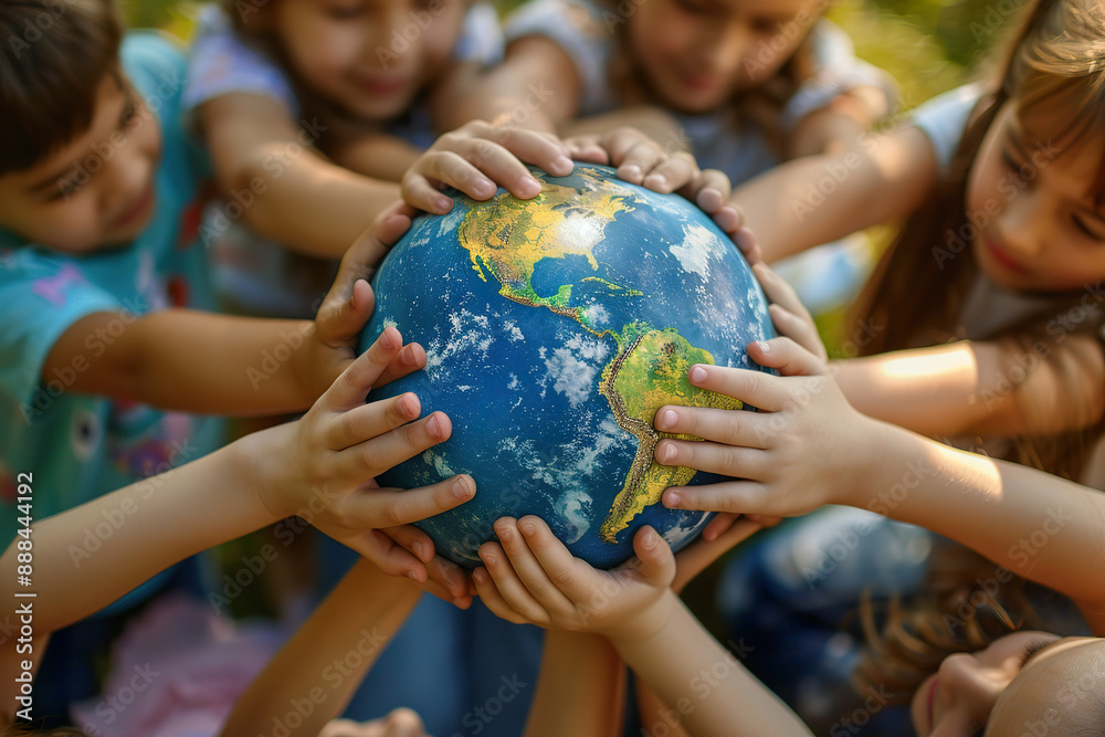 Three children are holding a globe in their hands, smiling and looking ...