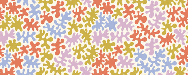 Poster - Colorful abstract organic shapes seamless pattern. Liquid forms, clouds, Matisse style leaves. Colorful spotty print. Seamless banner design with organic irregular geometric vector shapes.