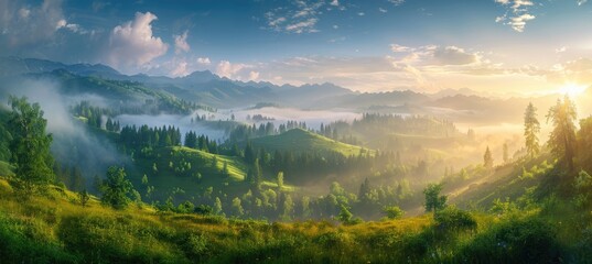 Poster - Mountain Sunrise with Mist and Sunbeams