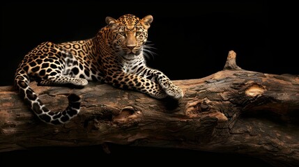 Majestic leopard resting on wooden log. black background