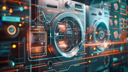 Poster - A futuristic-looking washing machine with a digital interface. The interface shows various settings and functions, highlighting the technological advancements in modern appliances.