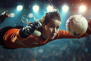 A female soccer player is diving to catch a soccer ball