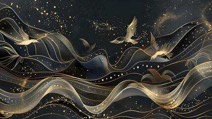 Abstract luxury art background with golden birds