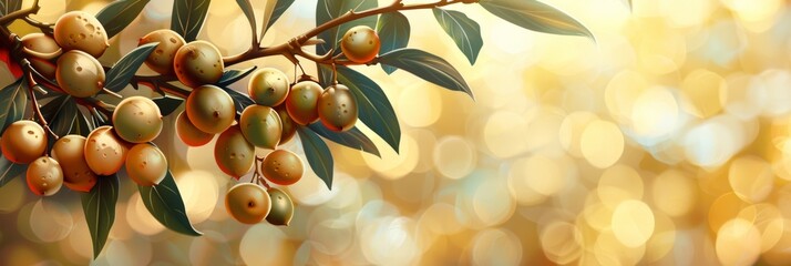 Canvas Print - Illustration of ripe olives on a branch with leaves against a bokeh background