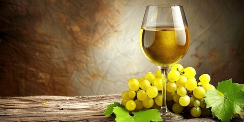 Wall Mural - Glass of white wine with green grapes and leaves on a wooden surface against a textured background