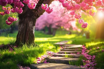 Sticker - Sunlit Path Through a Pink Blossom Grove