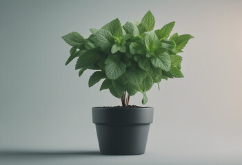 Wall Mural - Fresh green mint bush growing in a pot isolated on transparent background