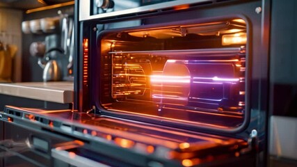 Poster - A modern oven with a digital interface displaying a circuit board pattern is open in a kitchen.
