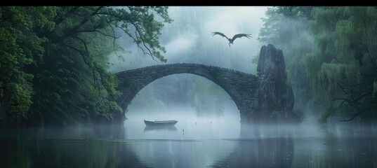 Wall Mural - Mystical Stone Bridge in a Foggy Forest