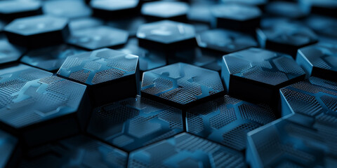Creative blue hexagonal background with binary code. Technology, design and landing page concept. 3D Rendering.