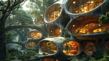 Sticker - Futuristic Organic Architecture in a Lush Forest