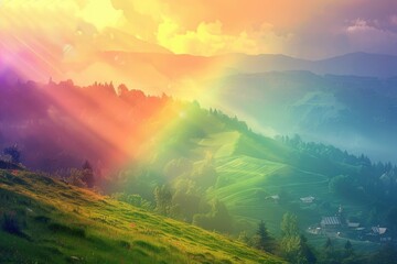 Wall Mural - Sunrise over a Misty Mountain Landscape