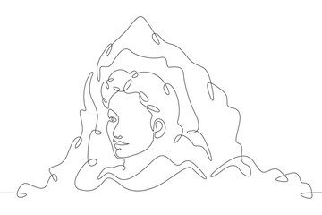 Wall Mural - Rock in the shape of a woman's head. Mountain with a human face. Cliff female face.One continuous line drawing on a white isolated background. Minimalism linear illustration.