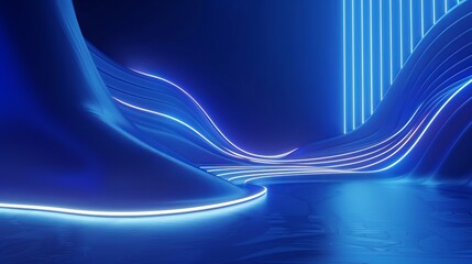 Wall Mural - 3D rendering of an abstract modern minimal wallpaper with glowing wavy lines over a blue background