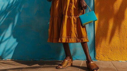 Wall Mural - A woman is wearing a brown and yellow dress with summer shoes. She is also carrying a blue clutch bag.