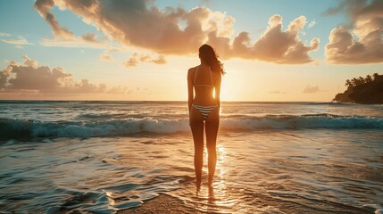 Wall Mural - A woman in a swimsuit poses on a beach as the sun sets.