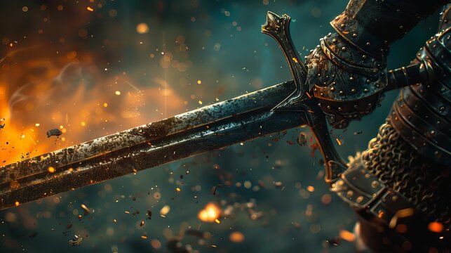 photo realistic close-up of a medieval knight wielding a sword in battle