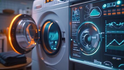 Poster - A futuristic washing machine with a digital display showing various settings and data. The machine is open and ready to load clothes, showcasing its sleek design.
