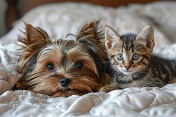 Wall Mural - Yorkshire Terrier and kitten sleeping together on bed.