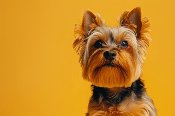 Wall Mural - Portrait of Yorkshire Terrier on yellow background.