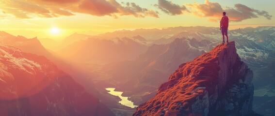 Poster - A lone hiker stands on a mountain peak at sunset, looking out at the vast landscape.