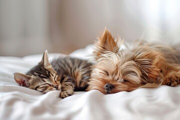 Wall Mural - Yorkshire Terrier and kitten sleeping together on bed.