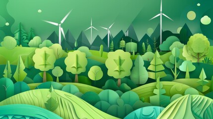 An abstract illustration of a green tech forest with bioengineered trees producing renewable energy and absorbing carbon dioxide