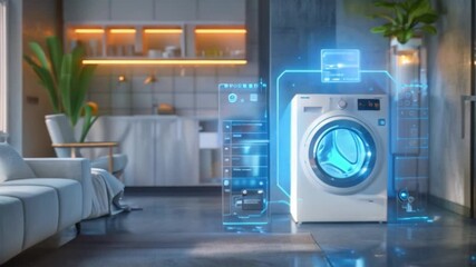 Poster - A modern laundry room with a white washing machine with a blue light inside. The machine is connected to the internet and has a smart interface that can be controlled from a smartphone.