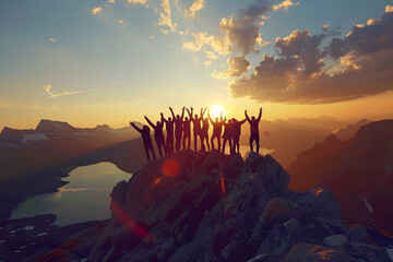 A group of people are standing on a mountain peak