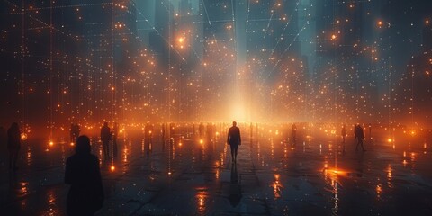 Futuristic Digital Cityscape with Glowing Lights and Silhouetted People in a Virtual Matrix.