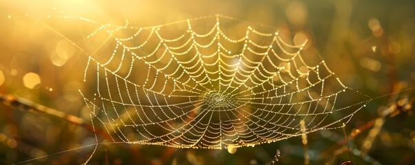 A macro shot of a dew-covered spider web in early morning light.