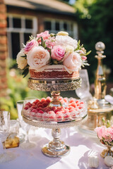 Wall Mural - Wedding buffet table, event dessert food catering for wedding, party and holiday celebration, cakes, sweets and desserts in a country garden, post-processed, generative ai