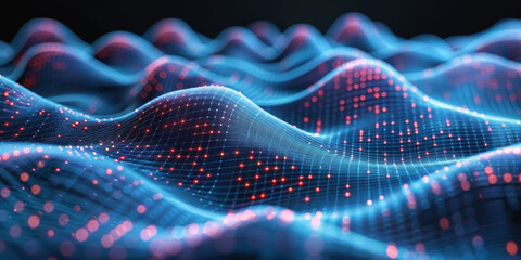 An abstract digital technology background with a dark blue design, featuring glowing dots creating a network pattern effect. 3D Rendering