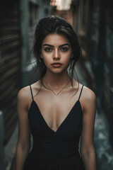 Poster - Young woman in black dress with captivating eyes stares at camera in dimly lit alleyway, exuding mystery and elegance