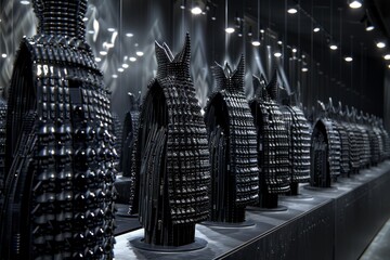 Sticker - Avantgarde black dresses in modern exhibition creating a bold and dramatic fashion visual