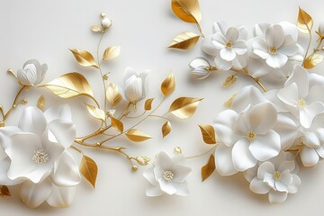 Wall Mural - Exquisite 3D rendering of white flowers with golden leaves against a pristine white backdrop.